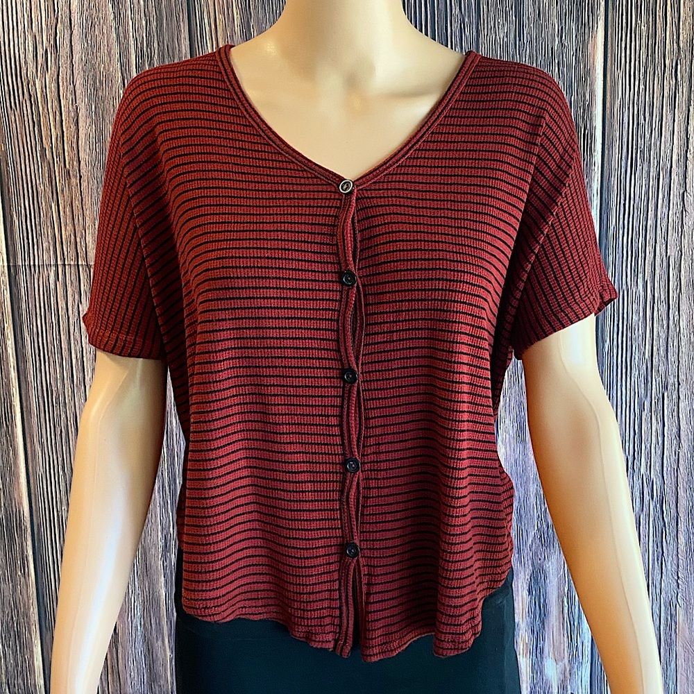 Live in the Moment red & black stripped soft and stretchy button down top